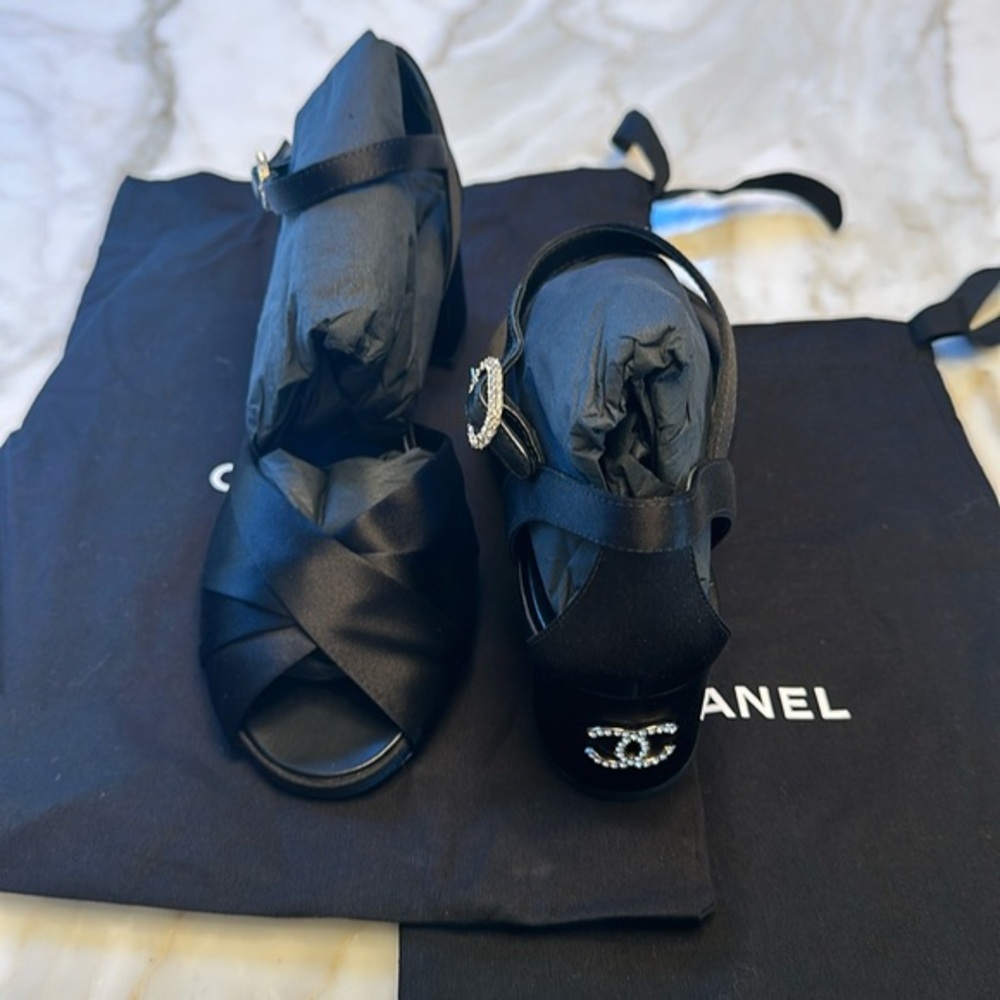 Chanel Black Satin Heels with Crystal Logo